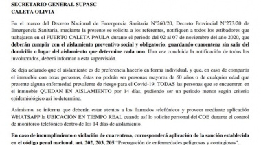 Por dos casos positivos de Covid, dictan protocolo de aislamiento a estibadores y guincheros de Caleta Paula