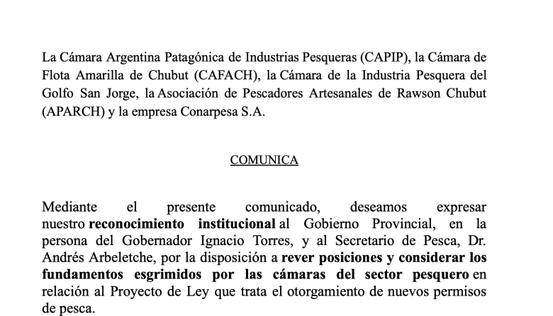 Cámaras celebran la decisión del Gobierno de Chubut de dar marcha atrás con el proyecto de nuevos permisos de pesca