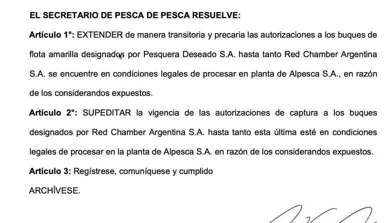 La Secretaría de Pesca de Chubut prorrogó de manera excepcional la operatoria de Pesquera Deseado en la planta de Alpesca