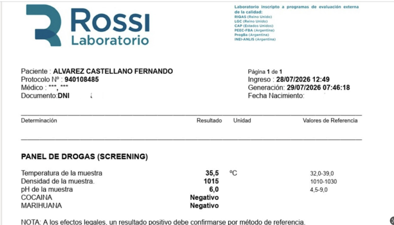 Álvarez Castellano mostró estudios negativos para el consumo de drogas y desafió a José "Pepe" Díaz