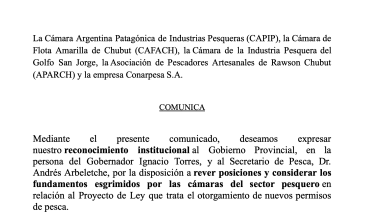 Cámaras celebran la decisión del Gobierno de Chubut de dar marcha atrás con el proyecto de nuevos permisos de pesca