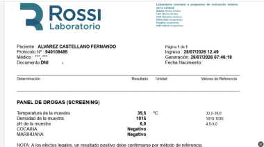 Álvarez Castellano mostró estudios negativos para el consumo de drogas y desafió a José "Pepe" Díaz