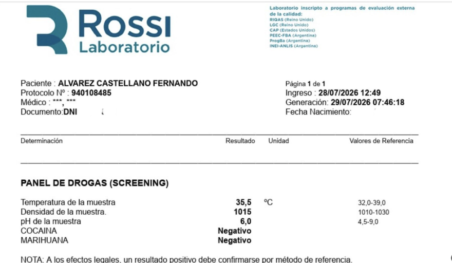 Álvarez Castellano mostró estudios negativos para el consumo de drogas y desafió a José "Pepe" Díaz